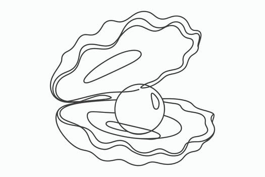 Simple line drawing of an open oyster shell with a pearl isolated on white background vector