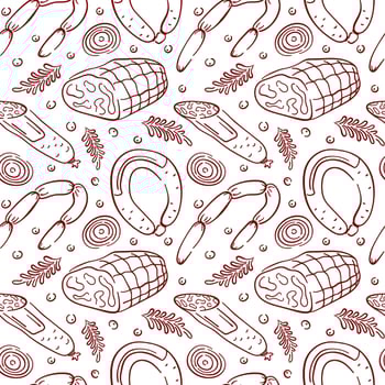 Seamless red line art style pattern with sausage, ham, herbs, onion slice and peppercorn. Perfect for butcher shop, packaging food, background kitchen, menu or traditional meat cuisine design. vector