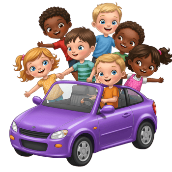 Purple car with cartoon characters and colorful toy design png
