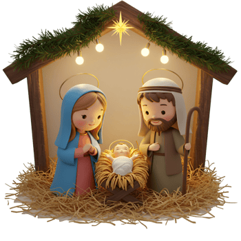 Wooden nativity scene with religious figures and Christmas story png