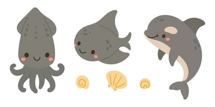 Happy squid, stingray, and dolphin swim with seashells in a flat underwater scene, ideal for marine wildlife education, sea-themed prints, and kids decor vector