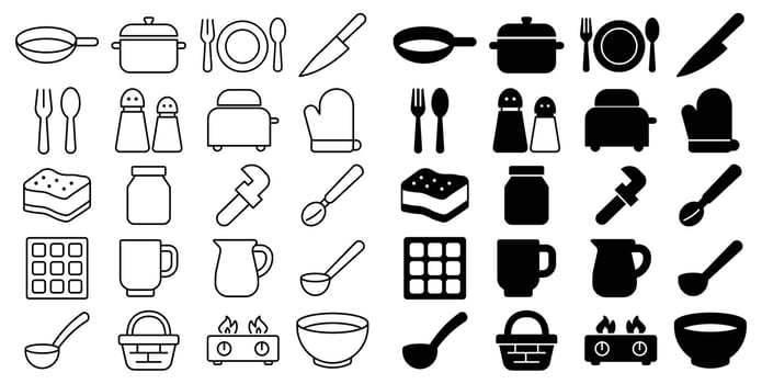 Kitchen utensils and cookware icons in black and white for design projects vector