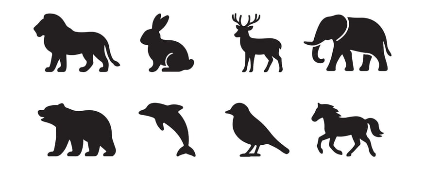 Animal Silhouette Icons Set. Black Wildlife Illustrations for Nature, Zoo, and Safari Designs vector