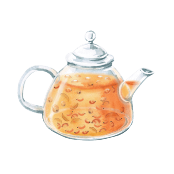 Glass teapot with warming sea buckthorn and ginger tea. Isolated watercolor illustration in realistic style for design of juices, drinks, teas, tea card, printing on postcards, fabric and textiles. png