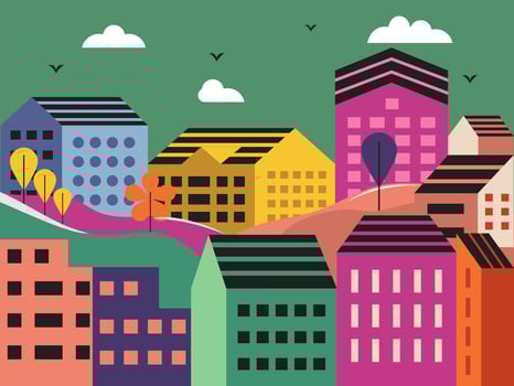 Colorful buildings in a whimsical cityscape vector