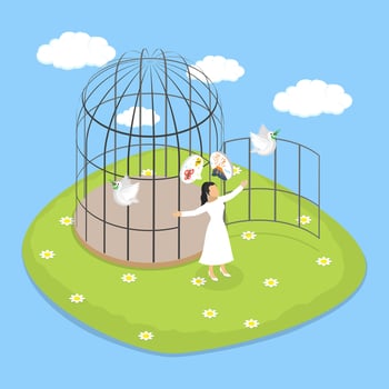 3D Isometric Flat Illustration of Breaking Free, Achieving Independence And Liberty Through Hard Work And Perseverance vector