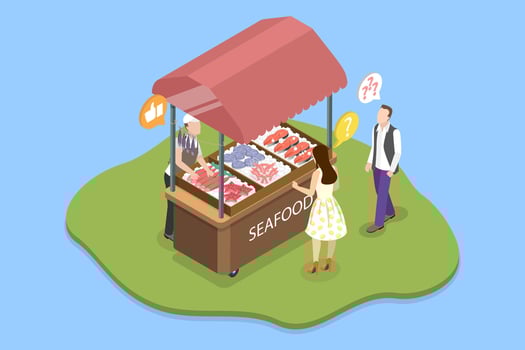 3D Isometric Flat Illustration of Farmer Market, Display with Fresh Catch At Seafood Stall vector