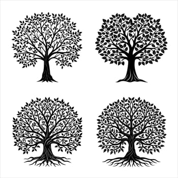 Elegant Tree Silhouettes with Dense Branches and Decorative Leaf Patterns vector