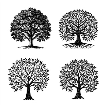Detailed Black Tree Silhouettes with Dense Leaves and Artistic Branches vector