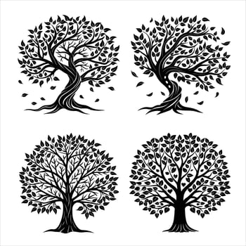 Elegant Black Tree Silhouettes with Falling Leaves and Curved Branches vector