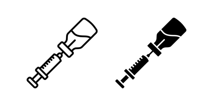 Syringe icon set. Illustration of a syringe drawing liquid from a vial. Icon of injection, vaccination, medical treatment, and health symbol in glyph and outline styles. vector