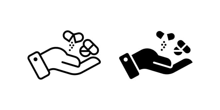 Medicine icon set. A clean and simple line art illustration of a hand holding pills and capsules, representing medicine, healthcare, and pharmaceutical concepts. vector