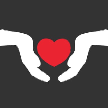 Human hands holding a heart. Minimalist poster with silhouette of a heart between cupped human hands vector