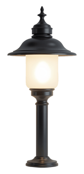 Classic vintage black lamppost with warm glowing outdoor light png