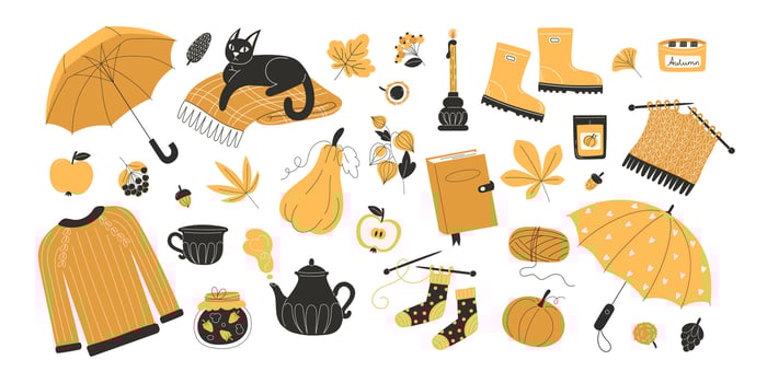Large autumn fall flat style collection of seasonal elements including umbrella rubber boots sweater knitting cat hot drinks leaves nuts pumpkins and mushrooms vector