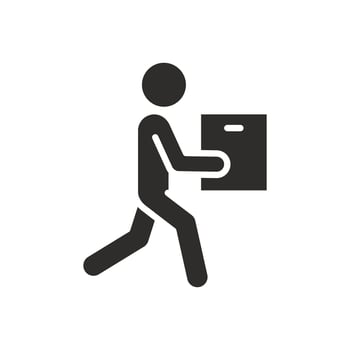 moving man with box, courier delivery concept, icon, person holding in hand package, flat web symbol on white background vector