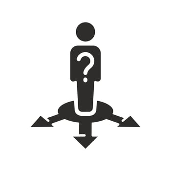 people choice lost, man with question decision icon, answer doubt, business direction crossroad, person in confuse, flat illustration vector