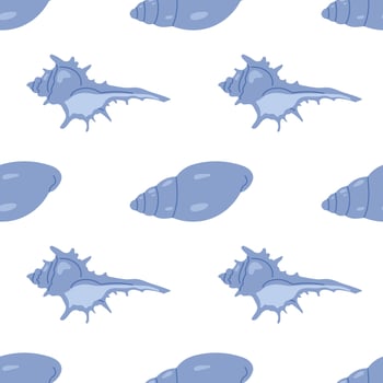 Seamless pattern with blue seashells on white. For summer textiles and beach designs vector
