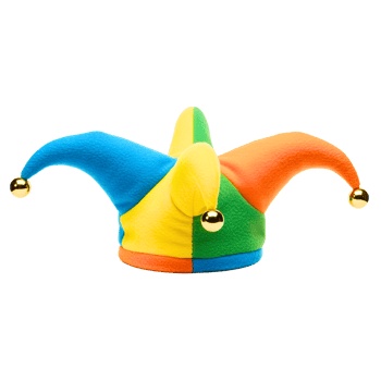 Multicolored jester hat with four floppy points and golden bells png