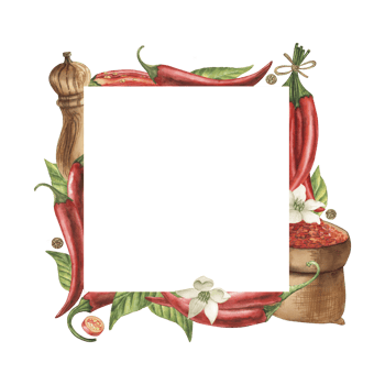 A square frame with red hot chili pepper pods, green leaves, flowers, a wooden pepper pot, and a bag full of spices. The watercolor illustration is hand-drawn in a botanical style. For packaging. png