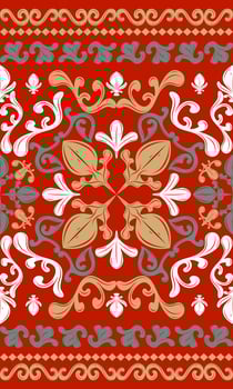 Attractive Detailed Luxury Rococo Baroque Palace Ornament Architect Inspired. Grandiose Luxury Handicraft Seamless Border Pattern with Gold White Green on Red Background Flawless Art Elaborate Work vector