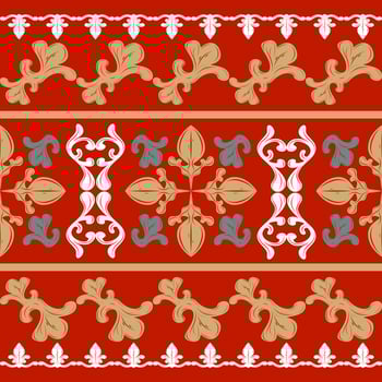 Creative Design Damask Royal Haute Couture Botany Inspired with White Gold Green on Red Background Seamless Border Pattern. Ancient Victorian Baroque Era Blooming Foliage Embroidery Clothes Dress Lace vector