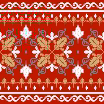 Bouquet Drawing Work Fashion Creation Baroque Style with Royal Ornament Scroll Mythology Gold Green White on Red Background. Fabulous Intricate Botany Pattern Seamless Border for Embroidery Boho Lace vector