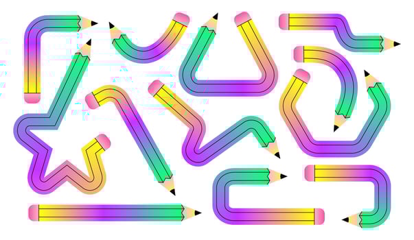 Colorful pencils bent into various geometric and abstract shapes on a white background. vector
