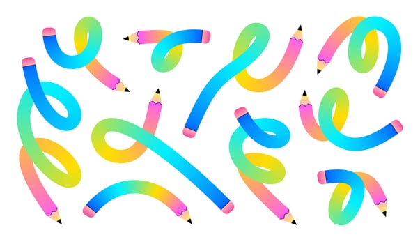 Set of colorful, flexible pencils bent into various abstract shapes on a white background. vector