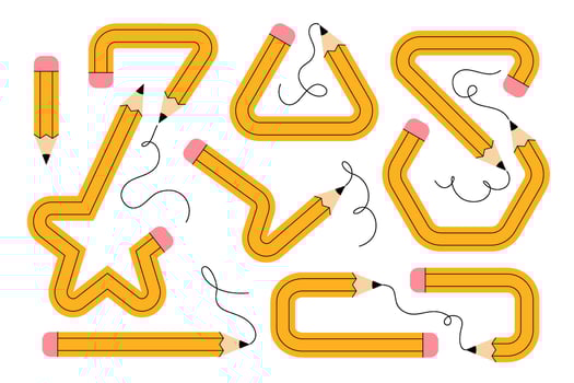 Set of multiple yellow pencils bent into various geometric and abstract shapes vector