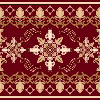 Dainty Gypsy Bohemian Florals With Royal Inspired Ornament Ancient Luxury Vibe Expression with Gold on Red Maroon Background. Magnificent Whimsical Illustration Baroque for Haute Couture Design Decor vector