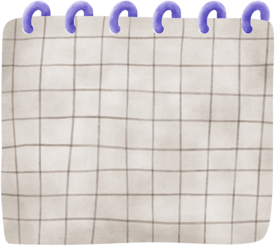 A charming, hand-drawn illustration of a blank sticky note or notepad with a grid pattern. The note features purple spiral binding at the top, giving it a playful and cute aesthetic. png