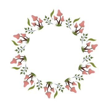 Circular Frame with Hand-Drawn Pink Forest Mushrooms vector