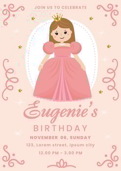 Princess Birthday Party Invitation. Cute princesses, balloons, hearts. Birthday party invitation card template with cute little pricess. Happy Birthday kids card. vector
