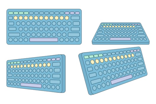 Keyboard concept. Illustration of a keyboard with various views. Modern laptop Bluetooth keyboard isolated on background. Minimalist keyboard with cute keys. illustration. vector