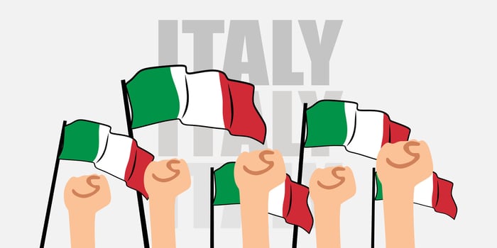 hand with flag of the Italy or Italy independence day illustration of Italy flag with gray background banner or greeting card vector
