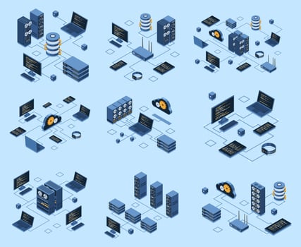 Isometric server and network illustration vector