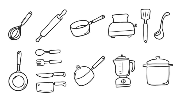Extensive Set of Hand-Drawn Kitchen Utensils and Appliances for Cooking and Baking Themes vector
