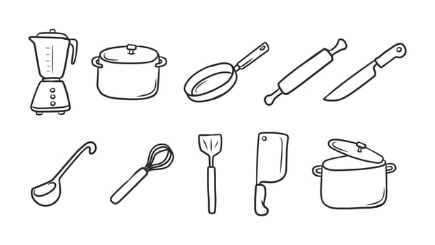 Set of Hand-Drawn Kitchen Utensils and Appliances for Cooking vector