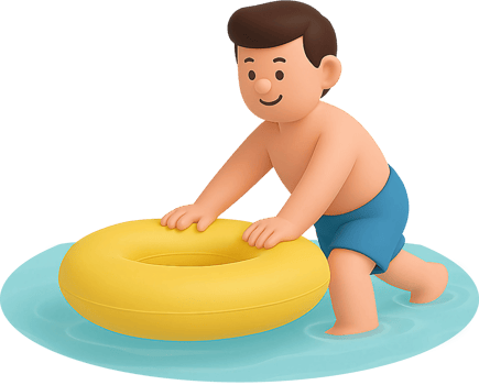 A boy is playing with an inflatable ring in the water png