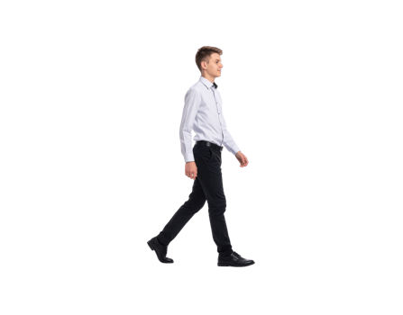 Fulllength side profile of a young man in a white shirt and black trousers walking. png