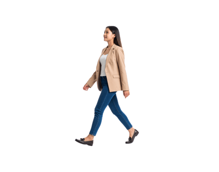 Confident young Asian woman in a beige blazer and jeans walking fulllength side profile. png