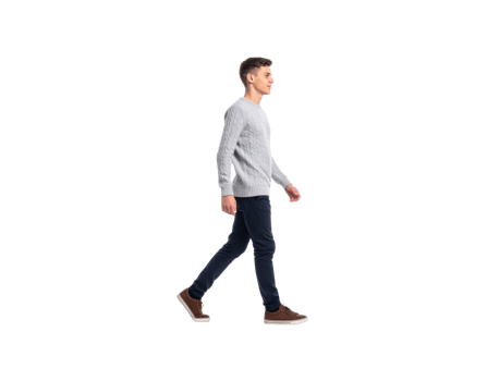 Side profile of a young man in a grey cableknit sweater walking confidently. png