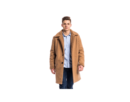 Confident young man in a stylish brown suede coat with a warm sherpa collar posing frontally. png