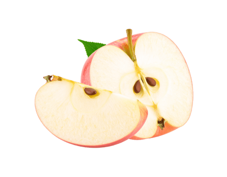 Crisp red apple halved and sliced revealing a juicy core with seeds and a vibrant green leaf. png