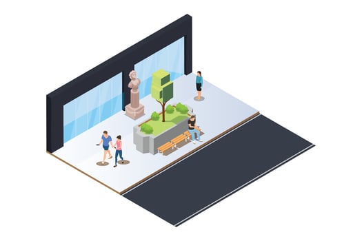Outdoor area with statue and benches vector