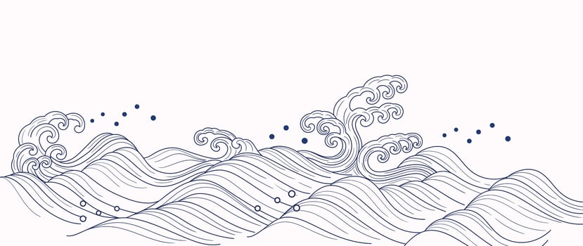Japanese blue wave background. Hand drawn wallpaper with blue and white ocean wave pattern backdrop. Modern luxury oriental illustration for cover, banner, website, decor, border. vector