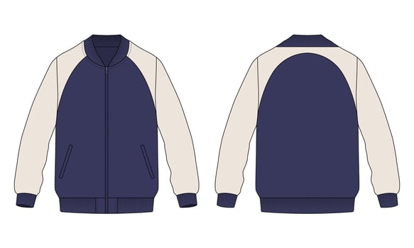 Blue and beige varsity jacket template front and back view vector