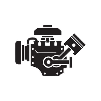 Stylized black silhouette of a mechanical engine with piston and crankshaft vector