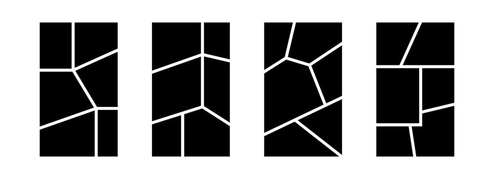 Image collage layout template set. Black mosaic mood board grid collection. 6 picture slot composition arrangement. Photo album or memory wall idea for banner, poster, mockup, flyer, brochure vector